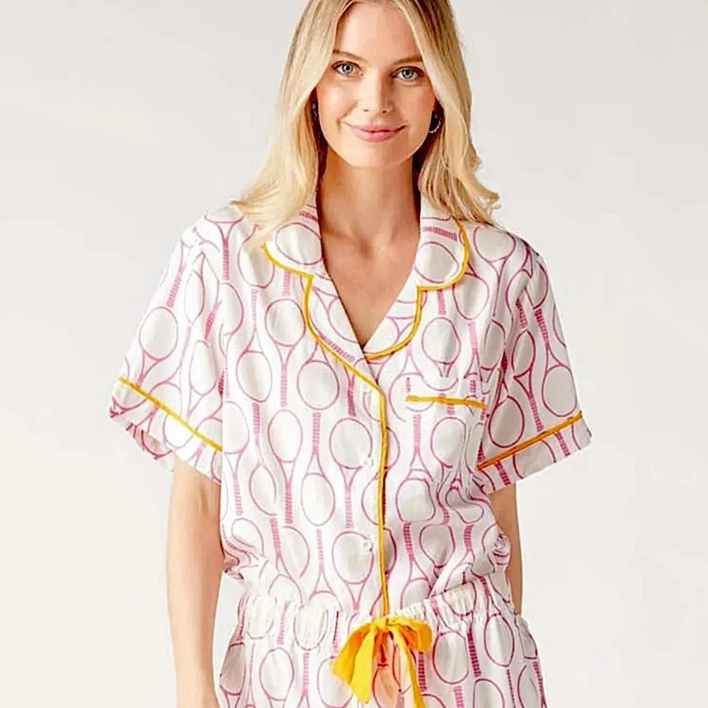 New Katie Kime Novelty Print Tennis Time Pajama Short Set Top & Bottom 3XL / 2XL